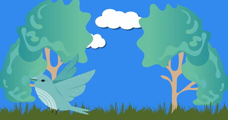 Standing teal-green bird in grassy meadow with grass tufts trees and clouds, copy space