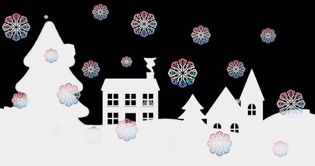 Drifting pastel snowflakes floating above fir trees and houses on winter hills, with chimney smoke