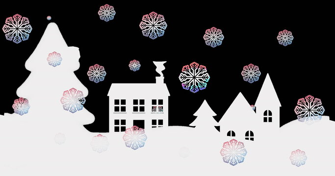 Fototapeta Drifting pastel snowflakes floating above fir trees and houses on winter hills, with chimney smoke