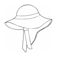 Line art drawing of a sun hat with ribbon tie black and white