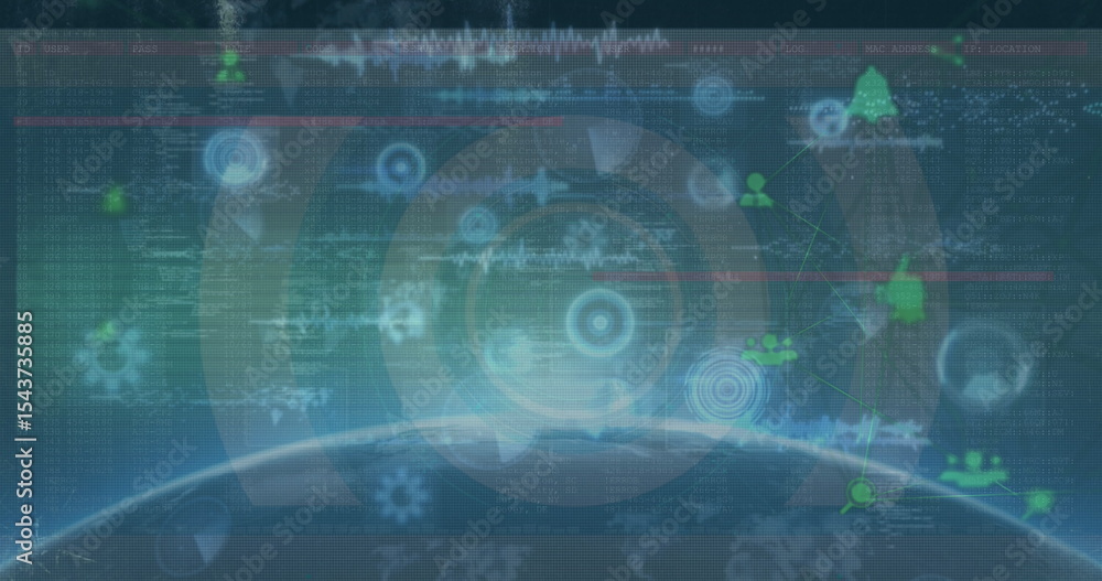 Poster hovering holographic interface displaying network above earth horizon, with nodes and code streams