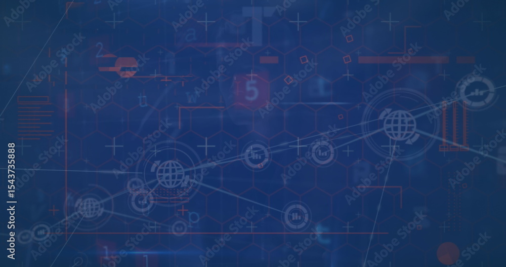 Poster displaying network diagram linking globe icons on data dashboard, with hex grid, numeric digits