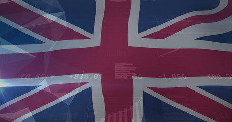 Naklejka premium Displaying Union Jack flag in dashboard, streaming numeric data, line graphs, bar charts