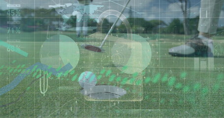 Visualizing golfer in white shoes aligning club over golf ball on putting green, with data overlay