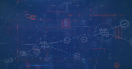 Displaying network diagram linking globe icons on data dashboard, with hex grid, numeric digits