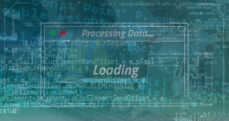 Displaying UI window showing processing data loading on screen, with overlaid code, circuit motif
