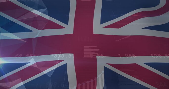 Naklejki Displaying Union Jack flag in dashboard, streaming numeric data, line graphs, bar charts