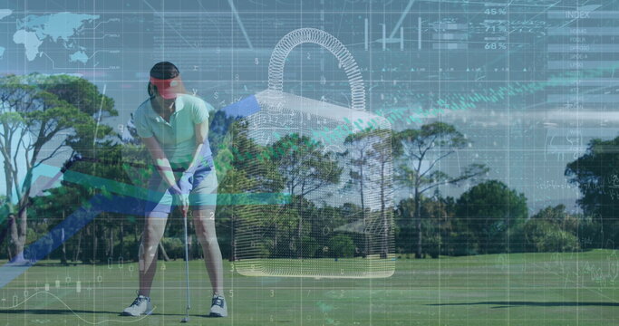 Positioning golfer wearing green polo, placing club over ball on golf fairway, with data overlays