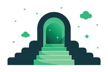 Ascending to a Luminous Portal An abstract illustration of stairs leading to a bright doorway under a night sky.