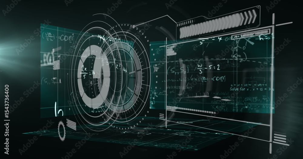 Poster floating holographic panels showing rotating hud element in virtual space, with code, equations