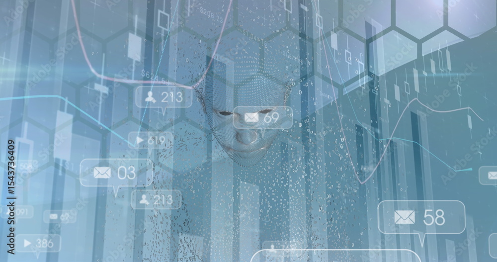 Aufkleber floating digital head of data particles over hex grid, with message icons and financial charts