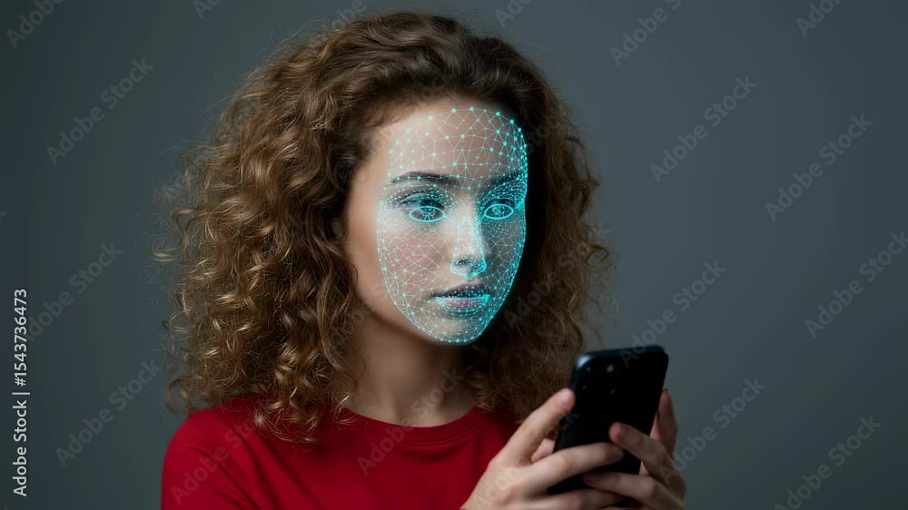 Poster hispanic woman uses face scan on smartphone for biometric identification. facial recognition technol