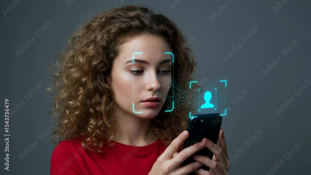 Poster woman holding phone for face identification, scan on face. biometric authentication recognition syst