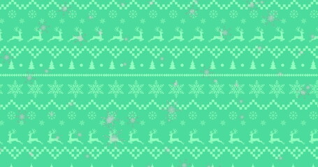 Showing holiday pattern on mint green field with reindeer, snowflakes, trees, baubles, and zigzags