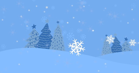 Drifting stylized white snowflake crossing pale winter hills, with triangular trees and snowflakes