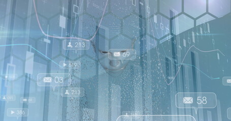 Floating digital head of data particles over hex grid, with message icons and financial charts