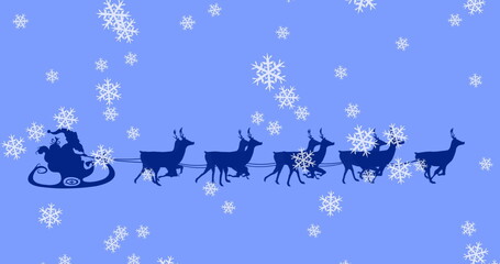 Gliding Santa in suit steering sleigh in winter sky, with eight reindeer and snowflakes