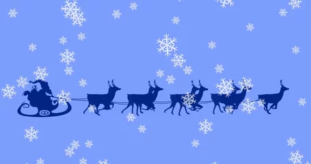 Fotobehang Gliding Santa in suit steering sleigh in winter sky, with eight reindeer and snowflakes © vectorfusionart