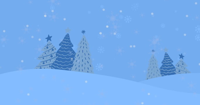 Fototapeta Featuring stylized evergreen trees with patterns on snow hills, snowflake icons, copy space
