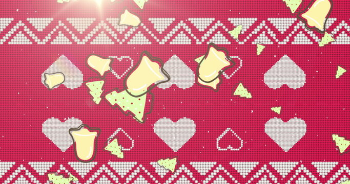 Fototapeta Displaying red knit pattern on digital art, with white hearts, yellow shards, zigzag and lens-flare