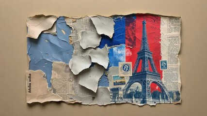 Camera pulling back revealing collage in studio with newspaper, paint, stamped Eiffel Tower print - Powered by Adobe