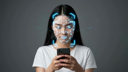 Young asian woman using mobile phone with biometric face recognition. Futuristic technology for identity verification and access. Footage. - Powered by Adobe
