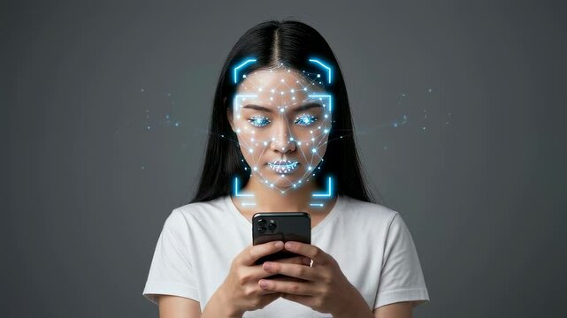 Young asian woman using mobile phone with biometric face recognition. Futuristic technology for identity verification and access. Footage. - Powered by Adobe