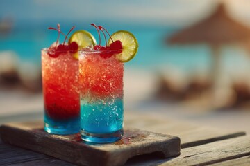 Tropical Drink on Wooden Board at Beach