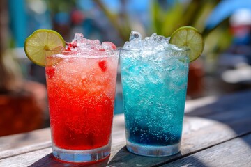 Two Colorful Drinks with Ice and Lime