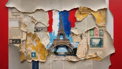 Time progressing causing torn newspaper collage lifting on studio wall, revealing red paint behind - Powered by Adobe