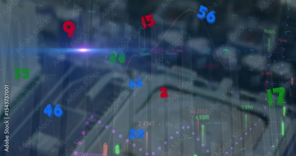 Aufkleber showing blurred server racks with floating financial charts in data center, with lens flare effect