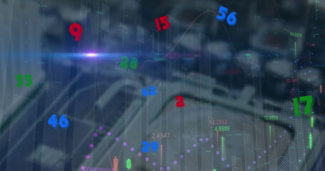 Showing blurred server racks with floating financial charts in data center, with lens flare effect