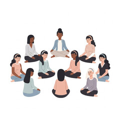Obraz premium Illustration of diverse widows together in a support group circle. Calm atmosphere, minimal flat design, white background.