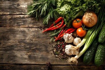 Fresh Vegetables and Herbs on Rustic Wood
