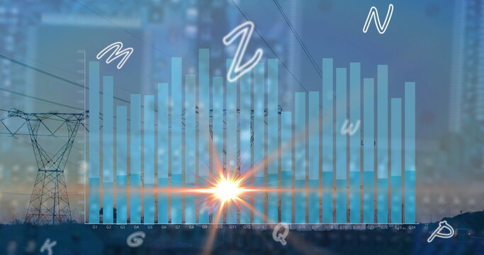 Displaying G1 to G24 bar chart rising over pylons on outskirts, with sun flare, floating letters