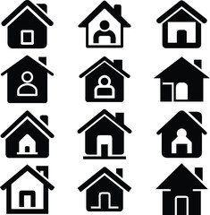 A collection of twelve simple, black and white house icons.