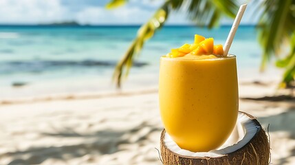 A chilled coconut mango smoothie, in a coconut shell, set against a tropical beach background with room for text