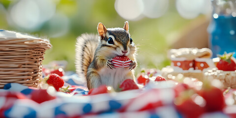 Chipmunk with strawberry, picnic animal, summer food scene, cute rodent, berry sweet, patriotic theme, striped decor, holiday vibe