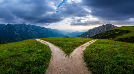 A breathtaking landscape showcasing a forked path surrounded by majestic mountains and lush greenery, inviting viewers to ponder their journey and the choices that shape their lives.