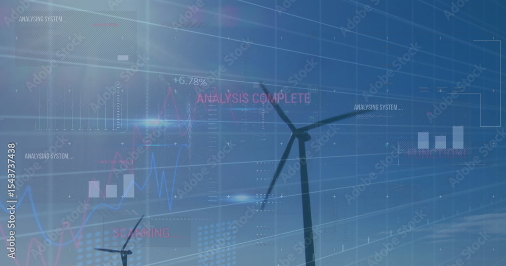 Poster displaying wind turbine rotating at wind farm under clear sky, with digital graphs and text overlay