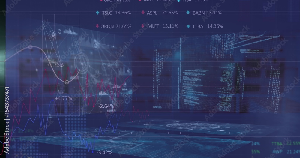 Poster floating holographic panels displaying live financial data in interface, with line charts and nodes