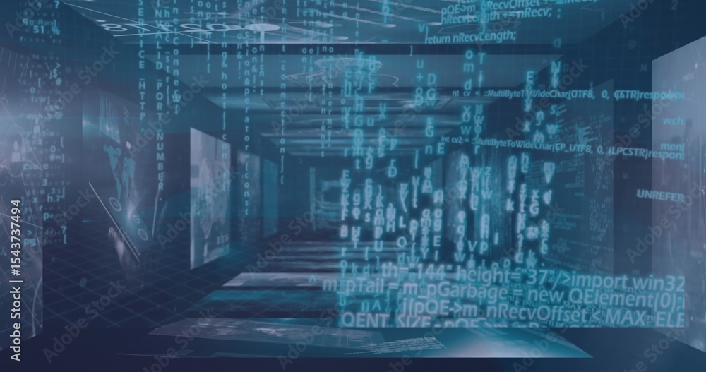 Poster hovering code column illuminating digital corridor, streaming holographic code and grid floor