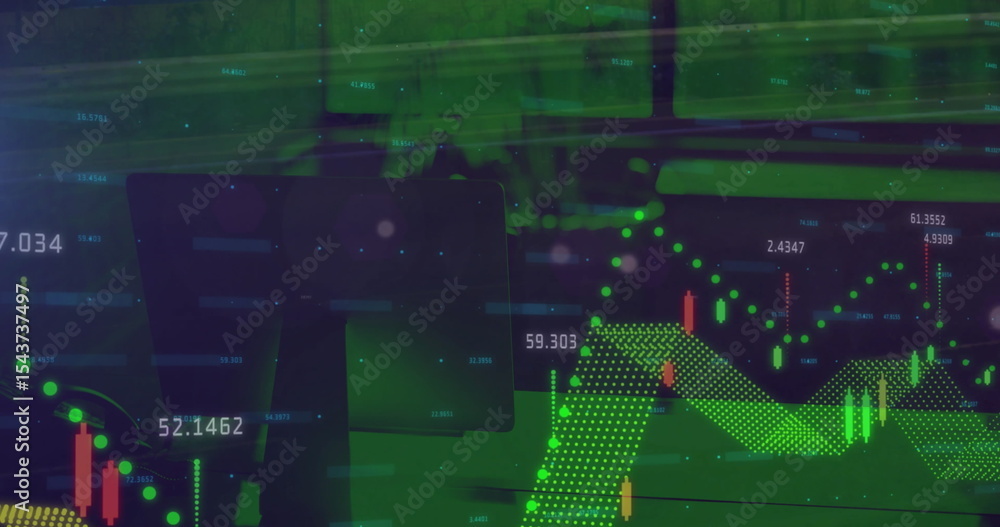 Poster displaying monitor on office desk under blinds overlaying candlestick histogram and line graph
