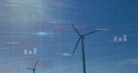 Displaying wind turbine rotating at wind farm under clear sky, with digital graphs and text overlay