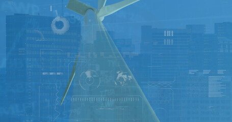 Wind turbine rotor and blade rotating on city rooftop, with HUD-style digital data overlays
