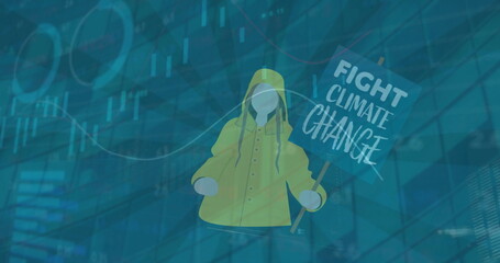 Faceless figure wearing yellow raincoat holding protest sign on digital grid, with data overlays