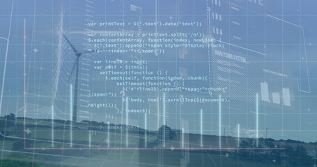 Three wind turbines spinning in rural wind farm, with code overlays, UI windows and bar charts