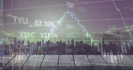 Showing rooftop deck and city skyline silhouette at dusk, featuring translucent financial overlay