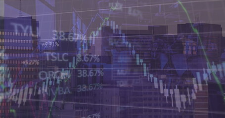 Fototapeta premium Superimposing financial candlestick and line graph over city skyline at dusk, with percent labels