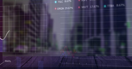 Displaying transparent financial overlay over urban street scene with wood tabletop and data labels